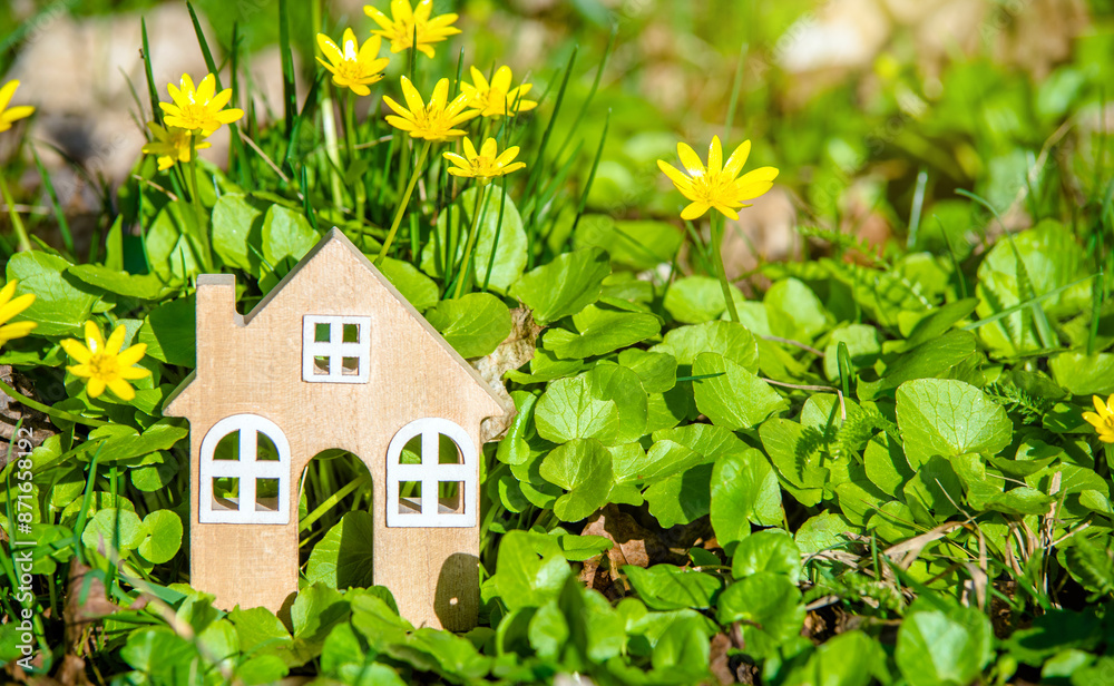 The symbol of the house stands among the yellow flowers The symbol of the house stands among the yellow flowers