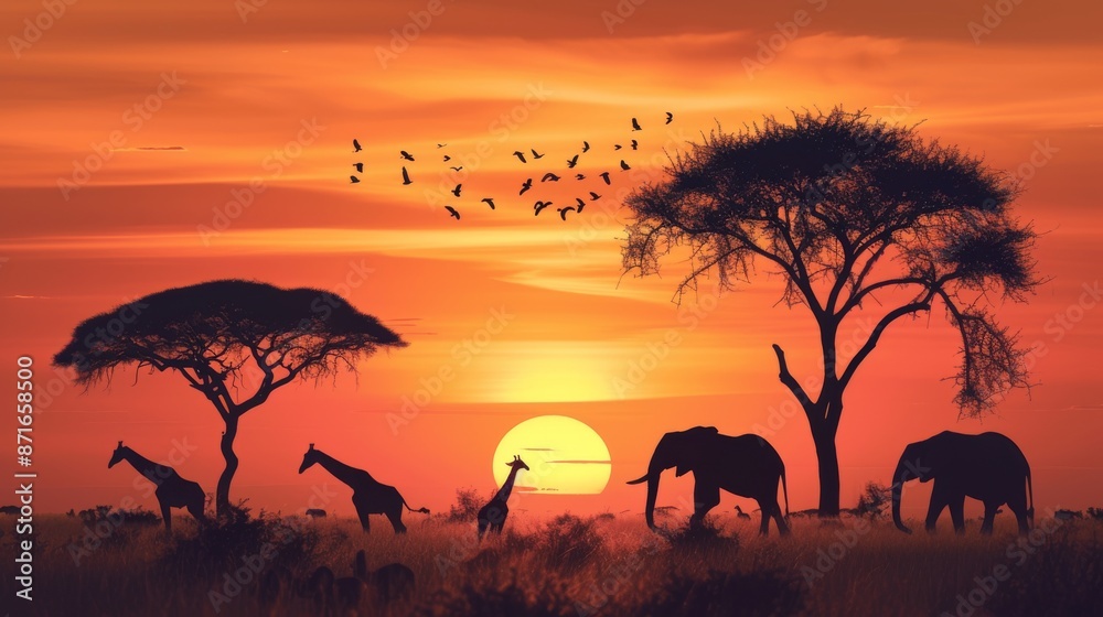 Various animals standing together on grassy Savannah during a sunrise, A safari sunrise over the Savannah, with silhouettes of elephants and giraffes, AI Generated Various animals standing together on grassy Savannah during a sunrise, A safari sunrise over the Savannah, with silhouettes of elephants and giraffes, AI Generated