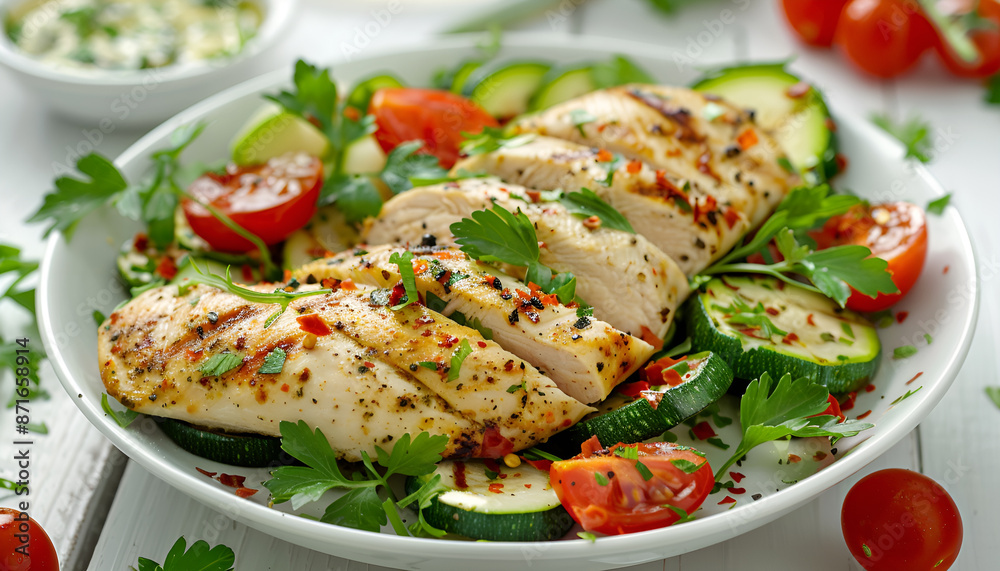 Salad of chicken breast with zucchini and cherry tomatoes on wooden table Salad of chicken breast with zucchini and cherry tomatoes on wooden table