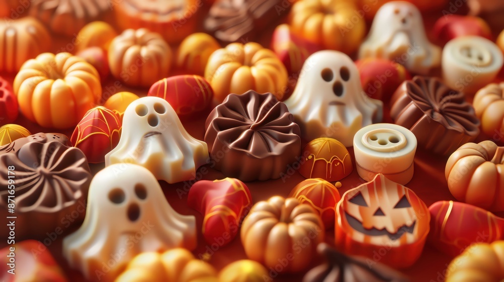 Obraz premium A close-up of assorted Halloween-themed chocolates, including ghosts, pumpkins, and spiders.
