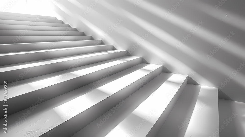 Monochrome image of modern white staircase with dramatic shadows cast by sunlight. Monochrome image of modern white staircase with dramatic shadows cast by sunlight.