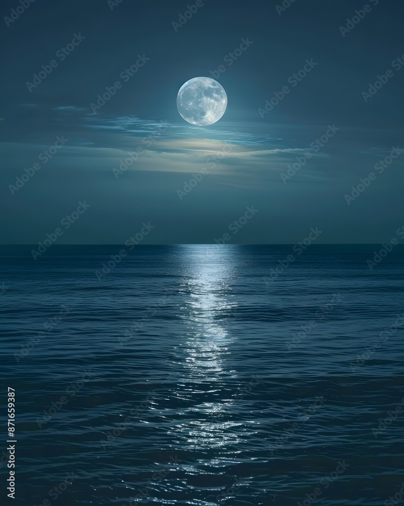 A serene moonlit night over the calm waters of an ocean, with reflections of the full moon on gentle waves. A serene moonlit night over the calm waters of an ocean, with reflections of the full moon on gentle waves.
