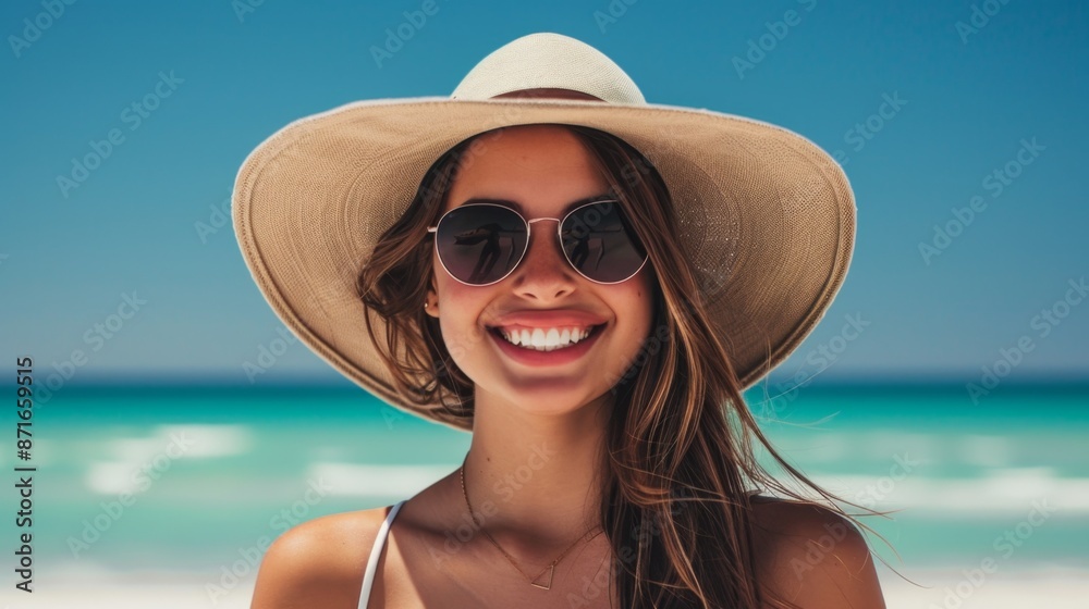 Smiling woman in sunglasses and a wide-brimmed. summer vacation concept. Smiling woman in sunglasses and a wide-brimmed. summer vacation concept.