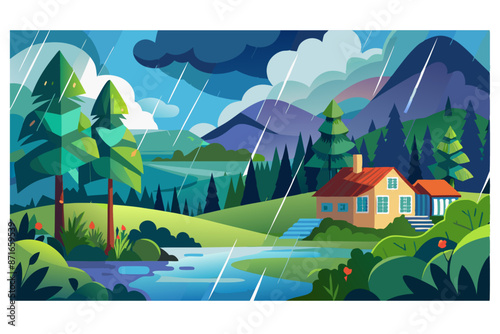 Rainy day landscape with river  vector illustration 