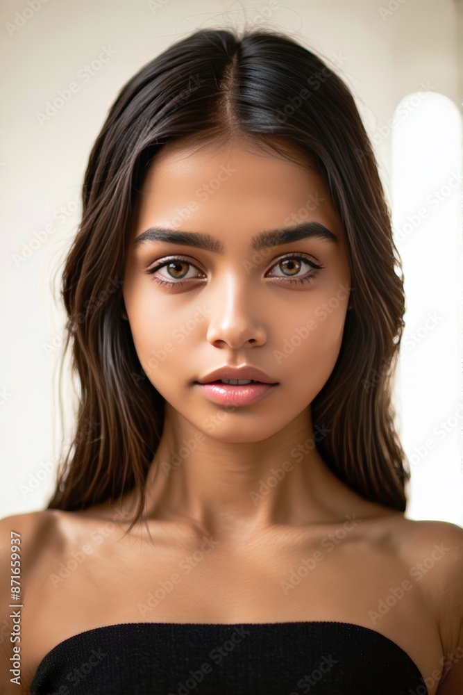 Portrait of a young woman with flawless skin, natural makeup, and long, flowing hair, showcasing beauty and elegance. Portrait of a young woman with flawless skin, natural makeup, and long, flowing hair, showcasing beauty and elegance.