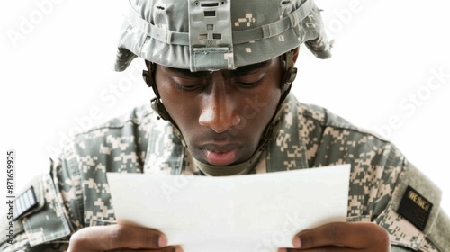A black male soldier reads a letter with a sad expression.