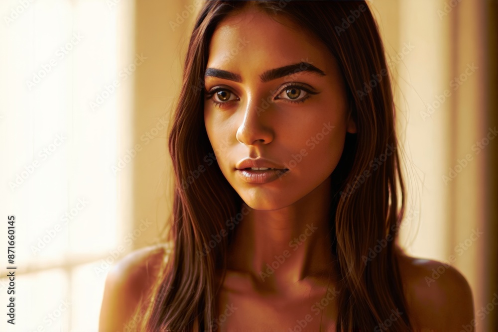 Portrait of a young woman with flawless skin, natural makeup, and long, flowing hair, showcasing beauty and elegance. Portrait of a young woman with flawless skin, natural makeup, and long, flowing hair, showcasing beauty and elegance.
