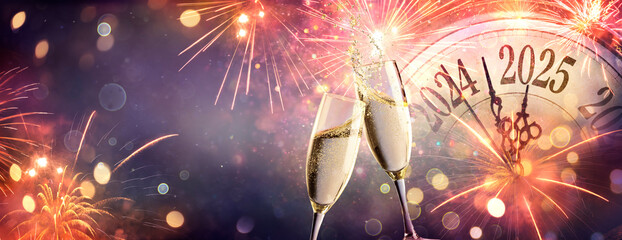 2025 New Year Celebration - Champagne And Clock For Countdown - Toast Cheering With Abstract Defocused Background