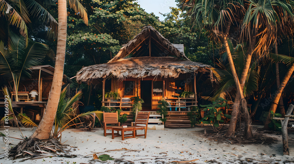Fototapeta premium A cozy beachfront cabin with a thatched roof and open-air design surrounded by tropical flora.