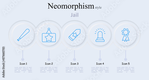 Jail set icon. Baseball bat, star badge, eraser, police light, medal, law enforcement, crime, prison, police, security, arrest, patrol, authority, criminal justice, punishment