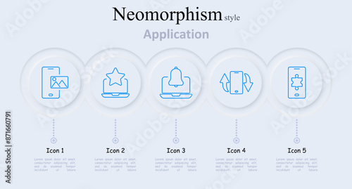 Application set icon. Taking photo, star rating, notification, menu button, puzzle piece, mobile app, alerts, favorites, updates, settings, digital, software, user interface, technology