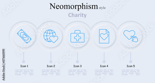 Charity set icon. Heart on money bill, globe with heart, first aid kit, document with heart, heart with hand click, donation, global aid, medical assistance, volunteer work