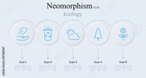 Ecology set icon. Leaf hand, recycling bin, sun and cloud, tree, flower, environment, nature, sustainability, conservation, green living