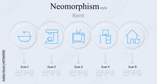Rent set icon. Bathtub, coffee maker, television, desk with computer, house with shield, home amenities, rental services, property management