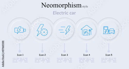 Electric car set icon. Battery with lightning, speedometer, lightning bolt, house with charging station, car at charging station, electric vehicle, EV charging, green energy