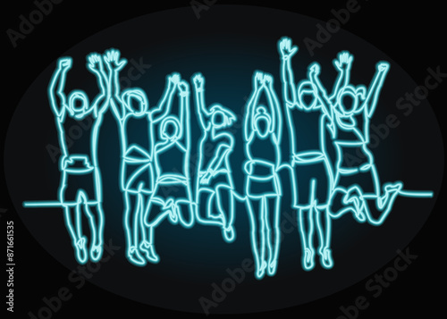 Continuous line drawing of seven jumping happy team members.one continuous drawn line from the hand picture silhouette. line art.  with neon vector effect