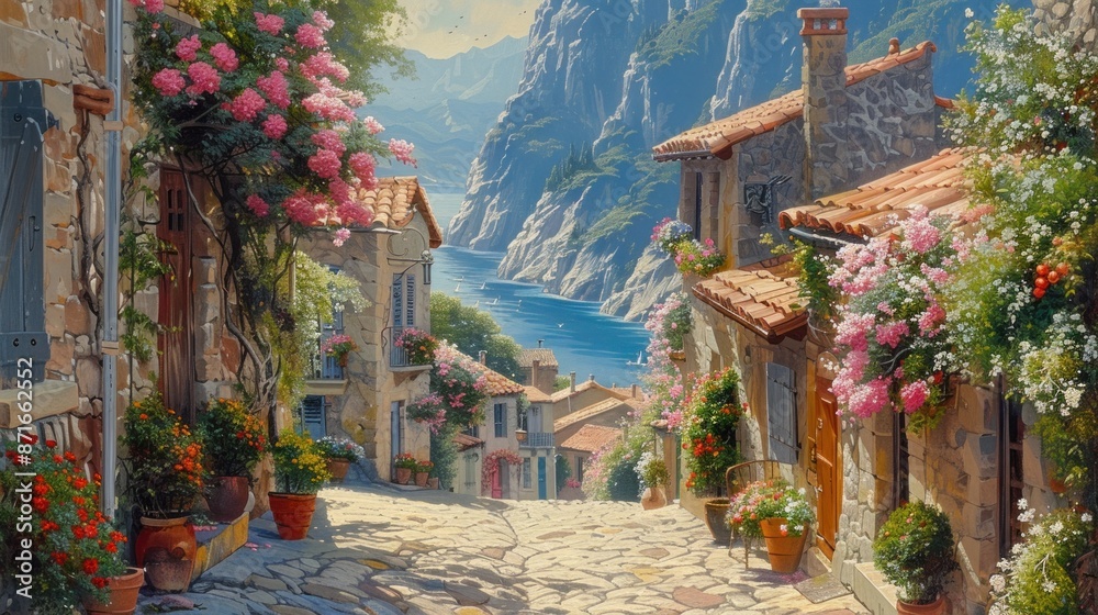 Obraz premium EnrouteFrance's picturesque villages, painted on a blank backdrop with cobbled streets and flower-filled balconies