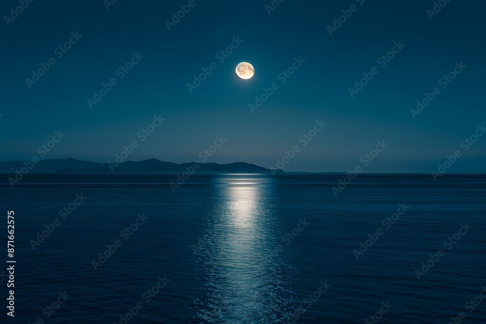 A serene moonlit night over the calm waters of an ocean, with reflections of the full moon on gentle waves. A serene moonlit night over the calm waters of an ocean, with reflections of the full moon on gentle waves.
