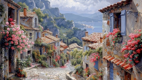 Fototapeta Naklejka Na Ścianę i Meble -  EnrouteFrance's picturesque villages, painted on a blank backdrop with cobbled streets and flower-filled balconies