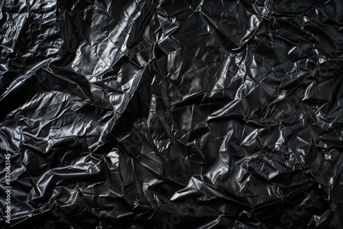 Black plastic bag texture and background. Plastic bag reduction for natural treatment. Recycling and World Environment Day themes.