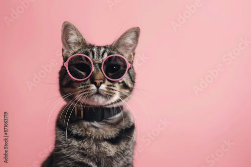 Stylish Summer Cat with Sunglasses: Trendy Feline Fashion in Vibrant Summer Colors with Copy Space Background for Projects © MashMash