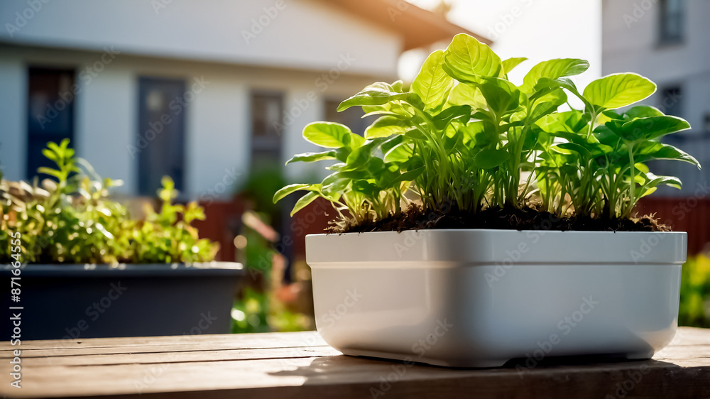 A pot of green plants is placed in a garden background., Placed as decoration on the wooden table, Growing a vegetable and plants for relaxing, Green plants in a white pot, Green plant on a white pot.