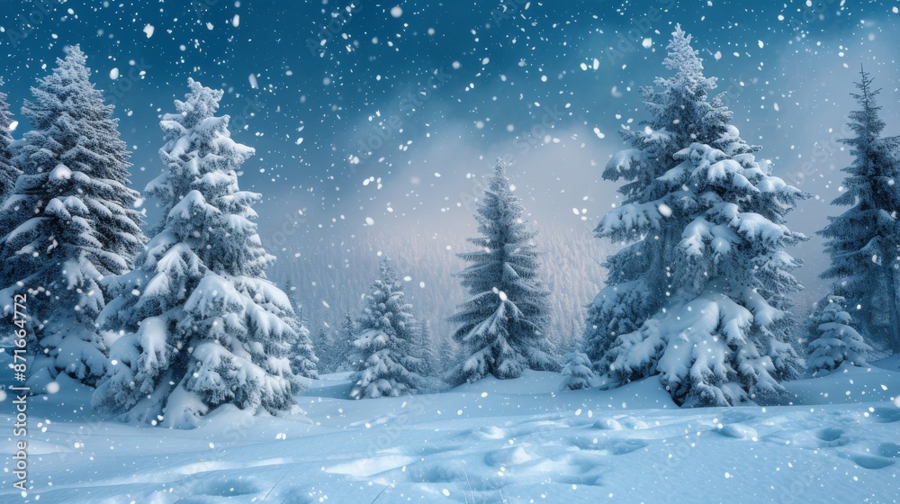 Scene of snowy landscape with footprints in snow around evergreen trees, A winter wonderland scene with snow-covered pine trees under the azure twilight, AI Generated Scene of snowy landscape with footprints in snow around evergreen trees, A winter wonderland scene with snow-covered pine trees under the azure twilight, AI Generated