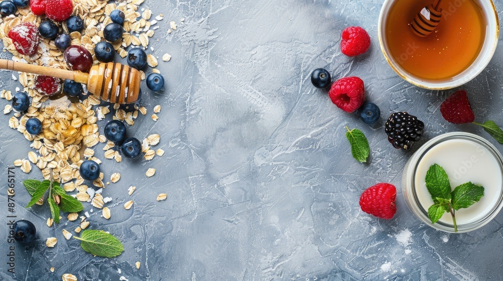 Oatmeal with berries honey and milk on a white table from above Healthy breakfast option Oatmeal with berries honey and milk on a white table from above Healthy breakfast option