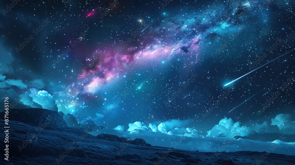 A magical night sky with northern lights and shooting stars, no people, ample copy space A magical night sky with northern lights and shooting stars, no people, ample copy space
