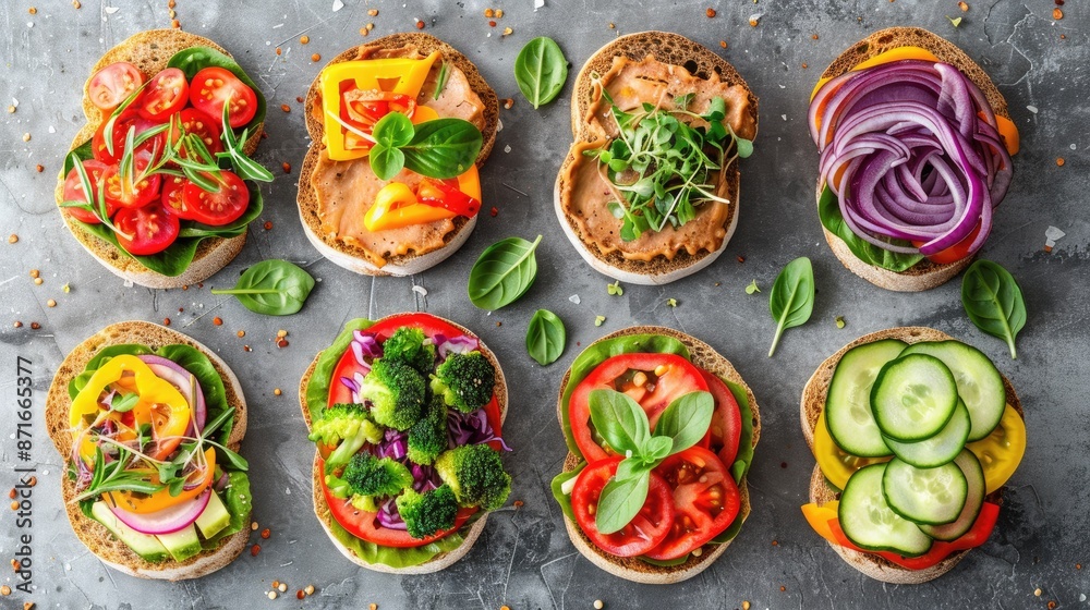 Variety of plant based sandwiches on gray stone surface Array of vegan open faced sandwiches Overhead view Portrait orientation Variety of plant based sandwiches on gray stone surface Array of vegan open faced sandwiches Overhead view Portrait orientation