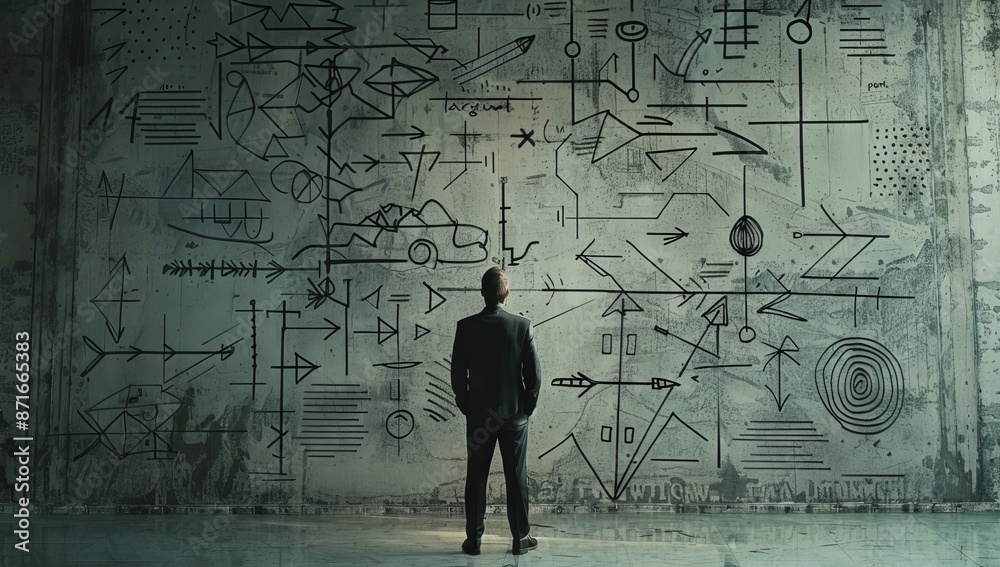 A businessman standing in front of an intricate drawing on the wall, with arrows pointing towards different directions A businessman standing in front of an intricate drawing on the wall, with arrows pointing towards different directions