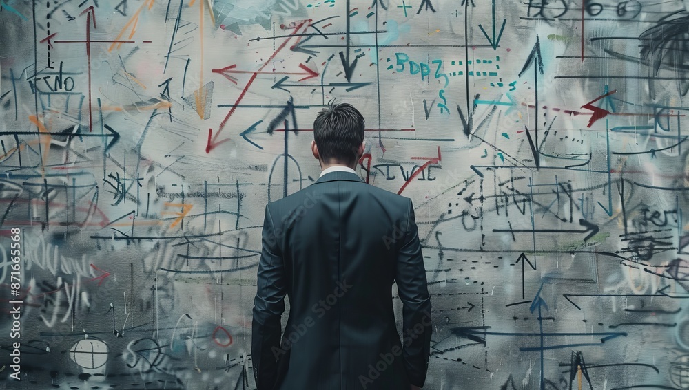 A businessman standing in front of an intricate drawing on the wall, with arrows pointing towards different directions A businessman standing in front of an intricate drawing on the wall, with arrows pointing towards different directions