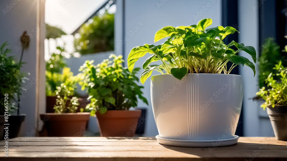 A pot of green plants is placed in a garden background., Placed as decoration on the wooden table, Growing a vegetable and plants for relaxing, Green plants in a white pot, Green plant on a white pot. A pot of green plants is placed in a garden background., Placed as decoration on the wooden table, Growing a vegetable and plants for relaxing, Green plants in a white pot, Green plant on a white pot.