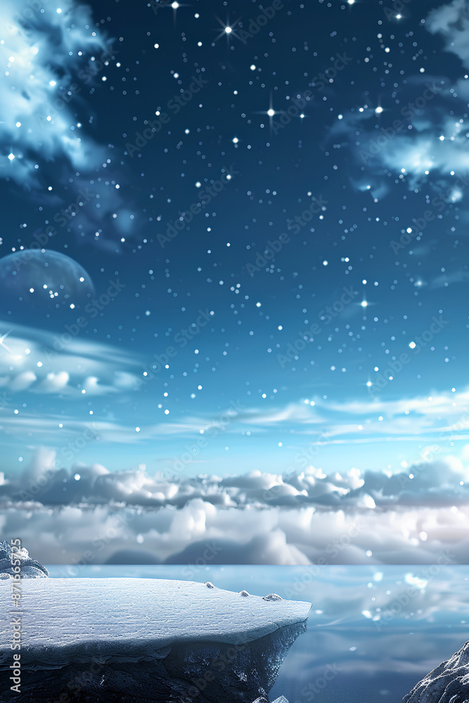Naklejka premium Starry Night Sky Over Cloudy Horizon with Snow-Covered Cliff, Celestial Landscape with Copy Space