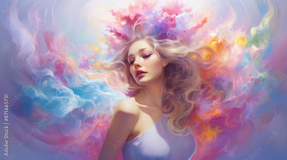 A vibrant portrait of a womans face emerges from swirling brushstrokes and vivid colors. A vibrant portrait of a womans face emerges from swirling brushstrokes and vivid colors.