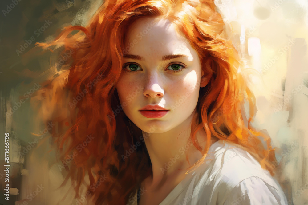 Stunning portrait of a young redheaded woman showcasing digital creative design and artistry with a beautiful face and illustration.