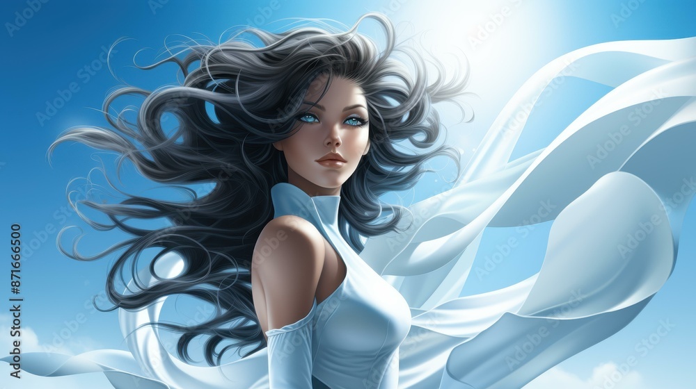 Detailed portrait of a woman with flowing hair and a mountain landscape inside her head. Detailed portrait of a woman with flowing hair and a mountain landscape inside her head.
