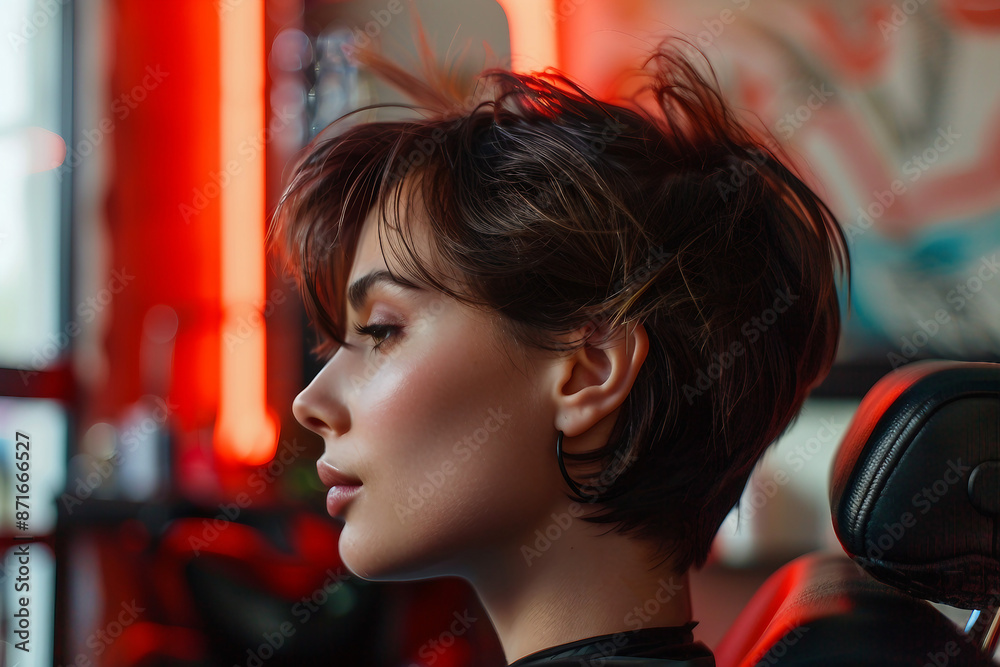 Fototapeta premium Hairdresser salon room interior, hair specialist making hairdo hairstyle to client, Generative AI