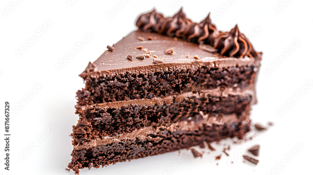 Delicious fresh chocolate cake isolated on white, Piece of chocolate cake on white background,Homemade triangle shaped dark chocolate fudge cake with a chocolate curl topping on a white backgroud
