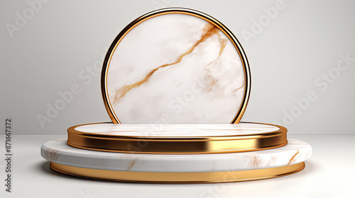 3D rendering of a white marble podium with a golden ring.