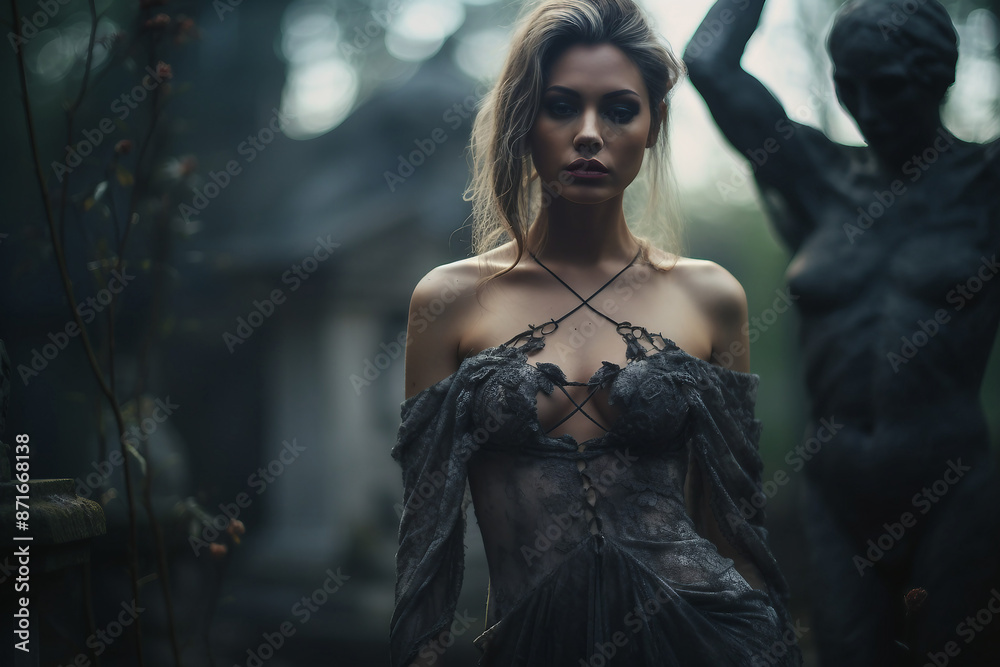 Fototapeta premium AI generated picture of beautiful young gothic woman at the cemetery