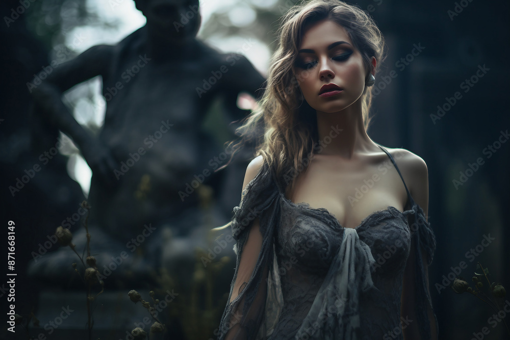 AI generated picture of beautiful young gothic woman at the cemetery AI generated picture of beautiful young gothic woman at the cemetery