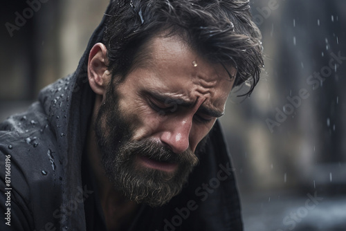 AI generated image of a young crying man lost his wife