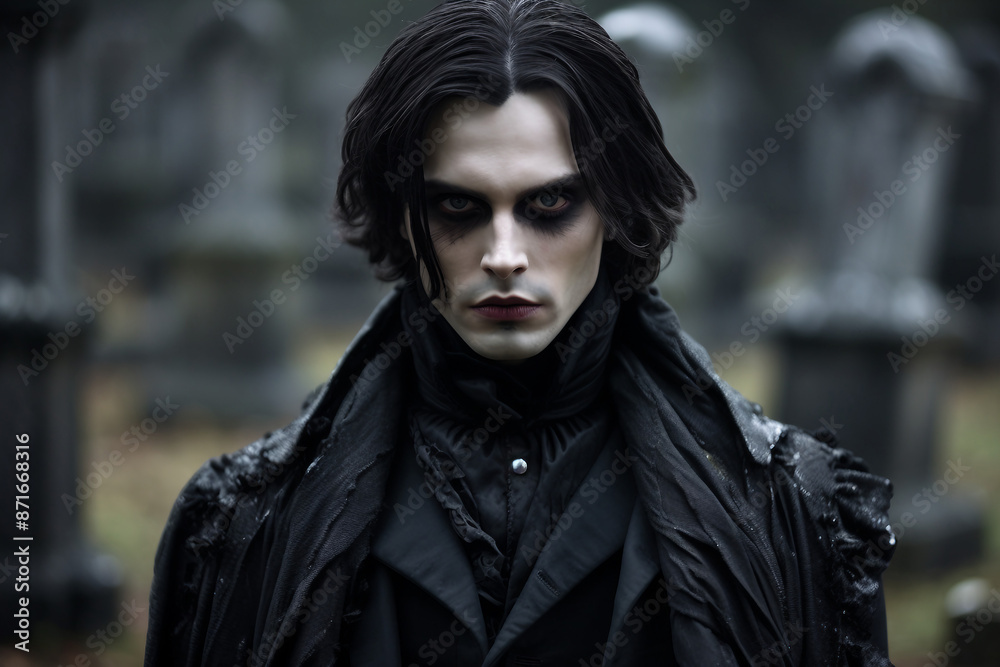 AI generated image of a creepy young man on mysterious cemetery at night AI generated image of a creepy young man on mysterious cemetery at night