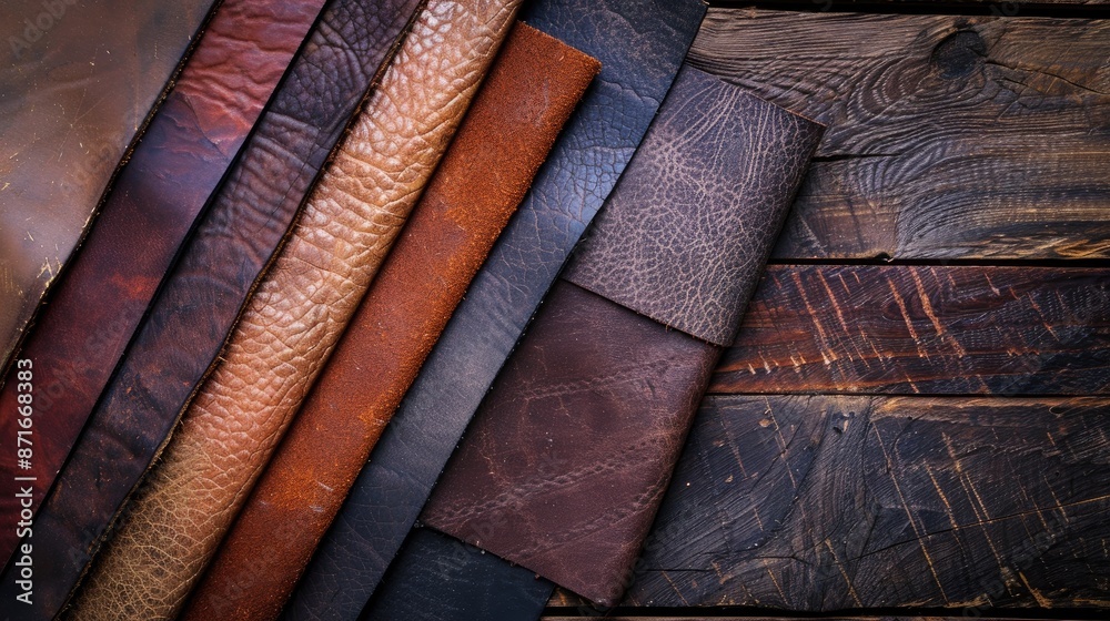 Variety of leather textures on wooden surface with space for text Variety of leather textures on wooden surface with space for text
