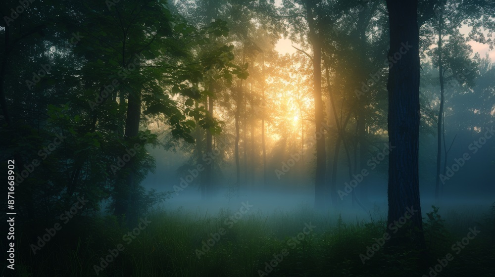 Sun shining through forest trees with foggy dawn atmosphere, A silent forest at dawn with a carpet of fog over the underbrush, AI Generated Sun shining through forest trees with foggy dawn atmosphere, A silent forest at dawn with a carpet of fog over the underbrush, AI Generated