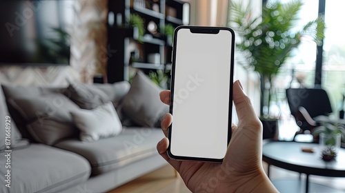 A hand holds a smartphone with a blank screen in a cozy and modern living room setting, with a comfortable couch and plants visible in the background.