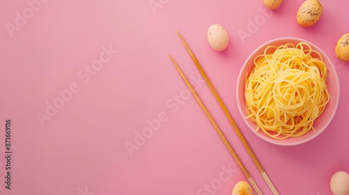 Spaghetti shaped like Easter eggs with chopsticks on pink backdrop Minimal food theme Square design with space for text