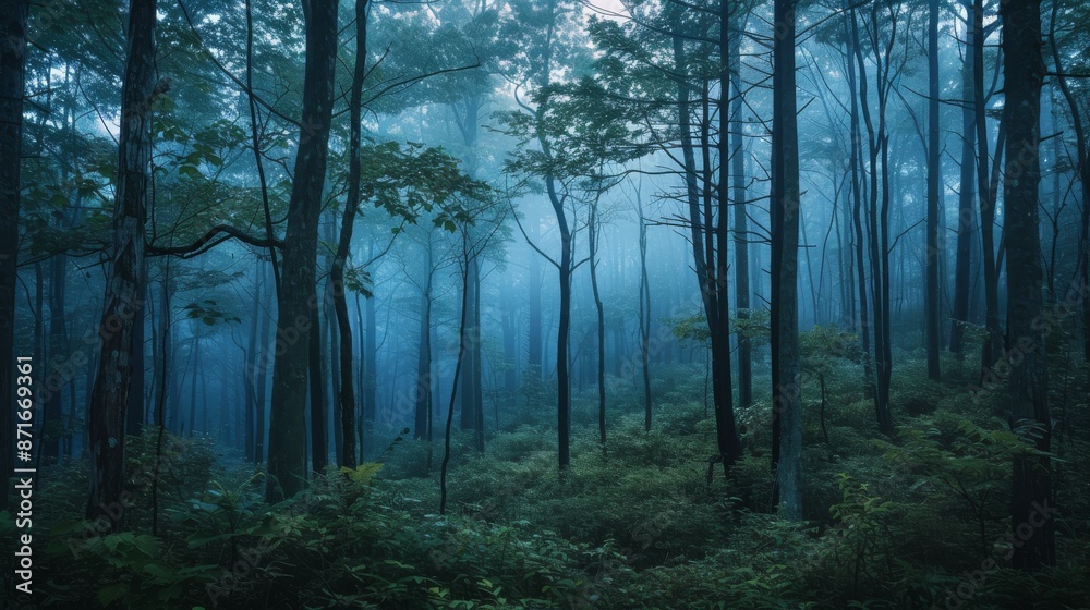 Obraz premium A forest densely populated with tall trees under a blanket of mist at dawn, A silent forest at dawn with a carpet of fog over the underbrush, AI Generated