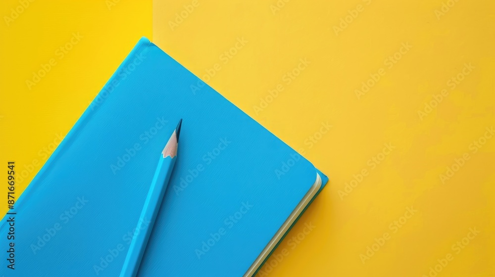 Blue notebook for writing with a blue pencil on a yellow backdrop Blue notebook for writing with a blue pencil on a yellow backdrop